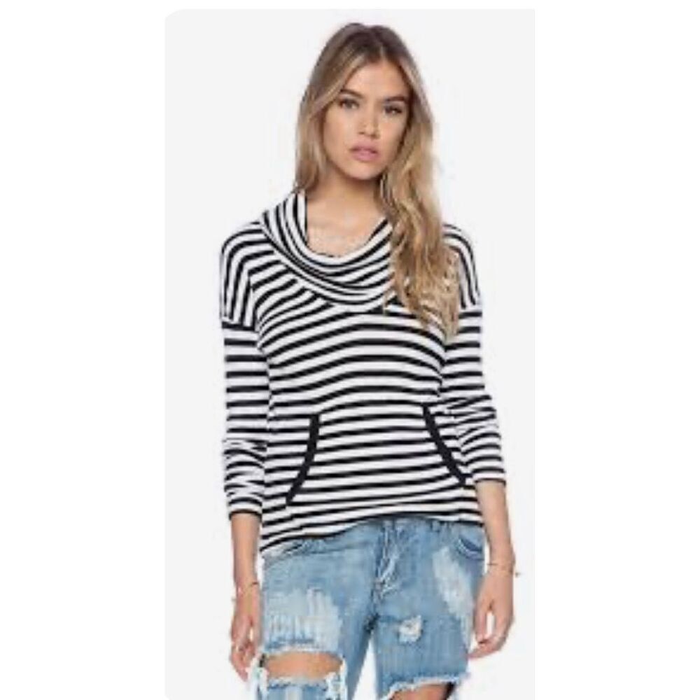 Revolve Bobi Women’s Large Striped Thermal Cowl Neck Long Sleeve Tee NEW